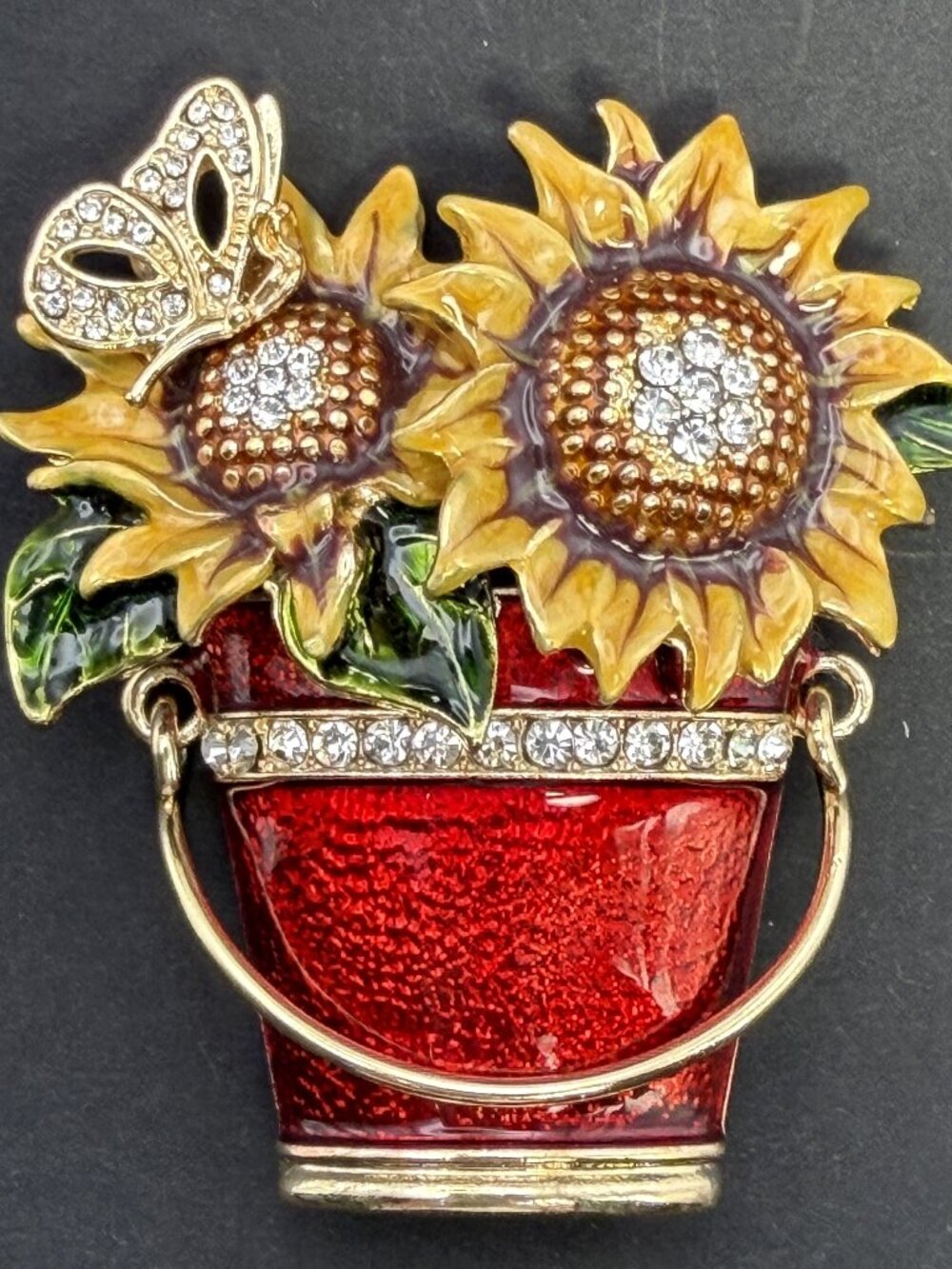 Vintage Napier Sunflower Red Pail Brooch Enamel Rhinestone Butterfly Pin